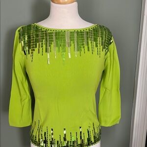 Fitted Green 3/4 Sleeve Sequin Blouse